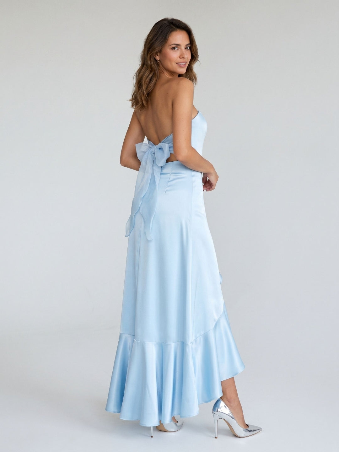 Sky Blue Satin A-Line Straight Neck Backless Asymmetrical Birthday Dress with Ruffles