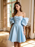 Sky Blue Satin A-Line Sweetheart Backless Short Homecoming Dress with Bow