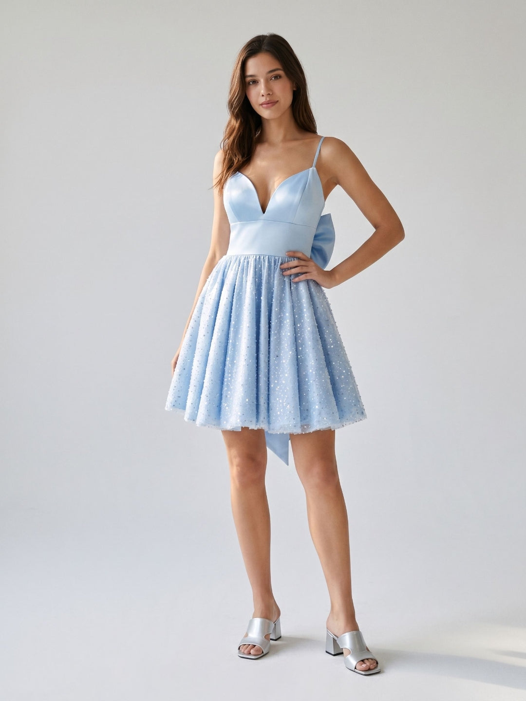 Sky Blue Satin A-Line Sweetheart V-Back Short Homecoming Dress with Bow