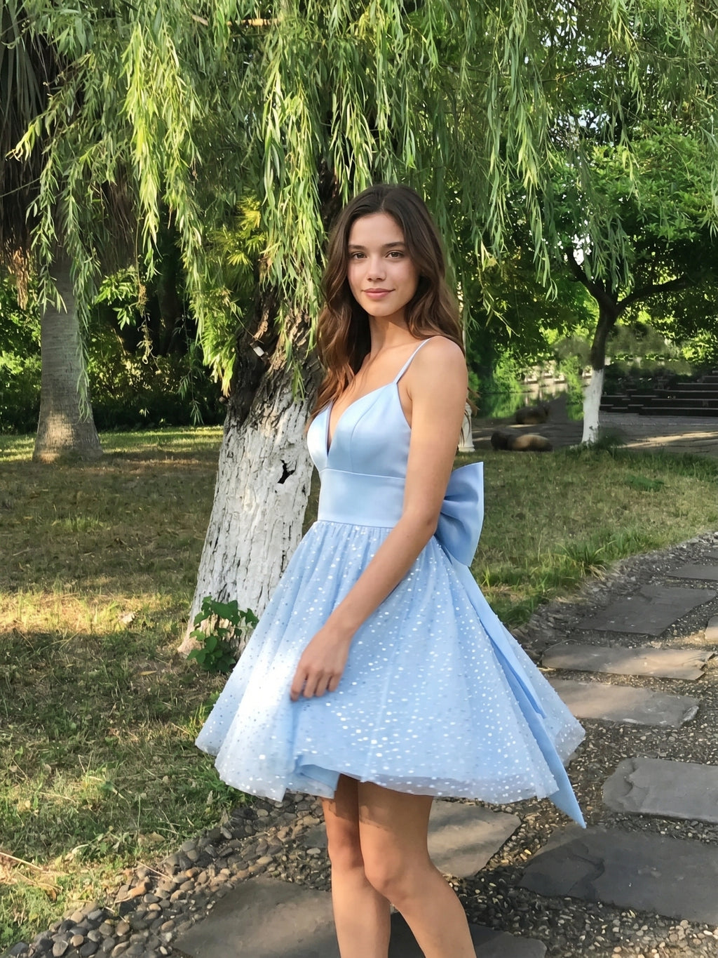 Sky Blue Satin A-Line Sweetheart V-Back Short Homecoming Dress with Bow