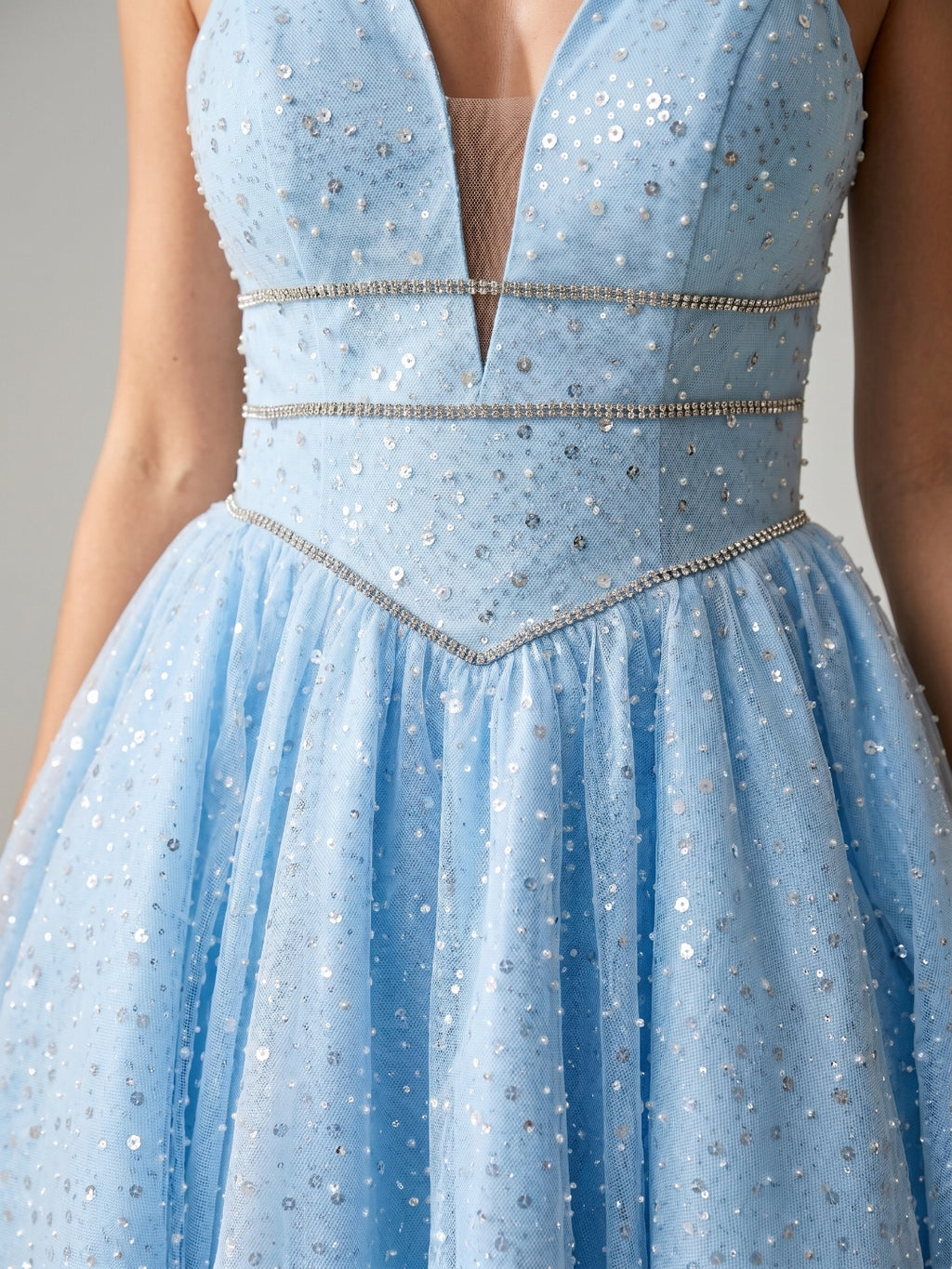 Sky Blue Satin A-Line V-Neck Lace-Up Back Short Homecoming Dress with Beading