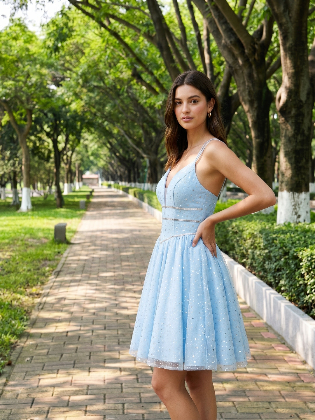 Sky Blue Satin A-Line V-Neck Lace-Up Back Short Homecoming Dress with Beading