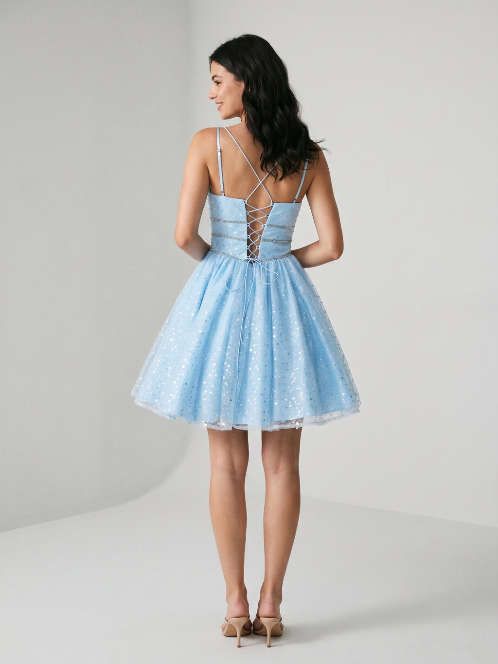 Sky Blue Satin A-Line V-Neck Lace-Up Back Short Homecoming Dress with Beading