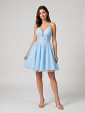 Sky Blue Satin A-Line V-Neck Lace-Up Back Short Homecoming Dress with Beading