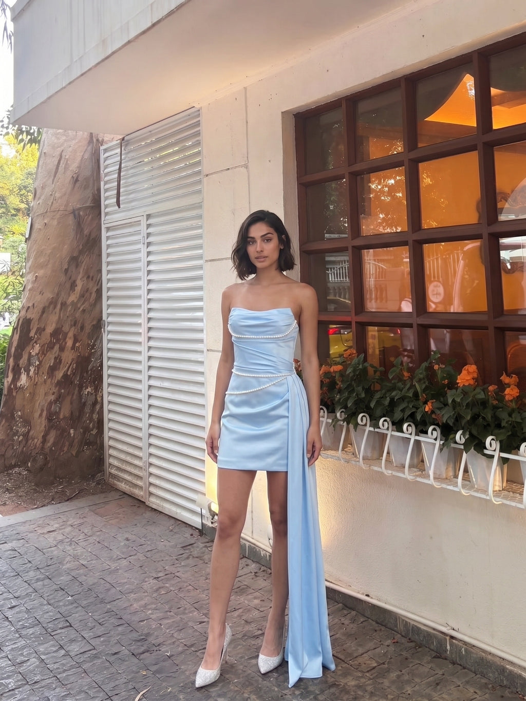 Sky Blue Satin Column Straight Neck Lace-Up Back Short Homecoming Dress with Pleating
