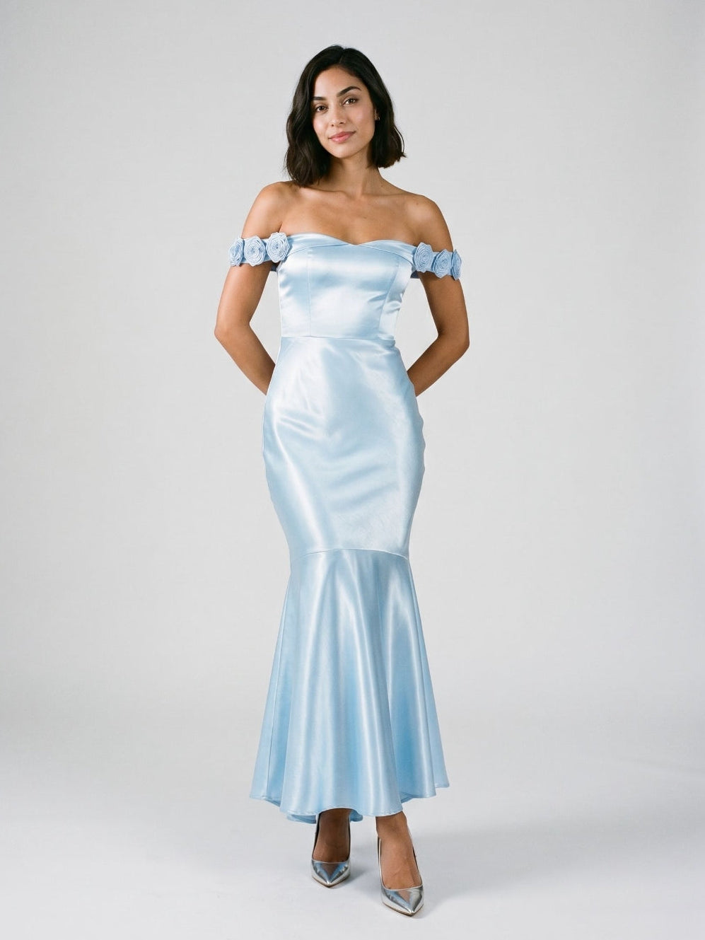 Sky Blue Satin Mermaid Off-the-Shoulder Backless Asymmetrical Evening Dress with 3D Flowers