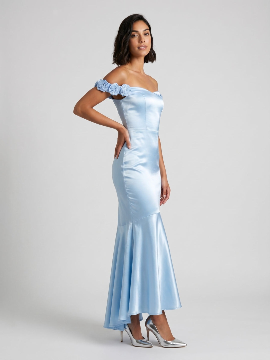 Sky Blue Satin Mermaid Off-the-Shoulder Backless Asymmetrical Evening Dress with 3D Flowers