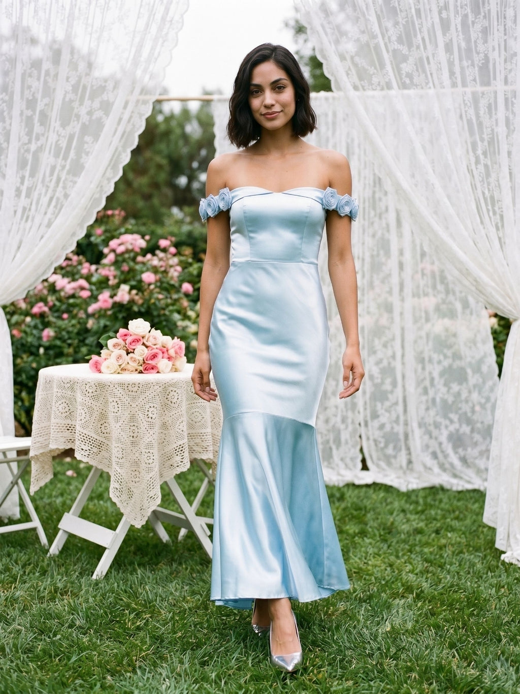Sky Blue Satin Mermaid Off-the-Shoulder Backless Asymmetrical Evening Dress with 3D Flowers