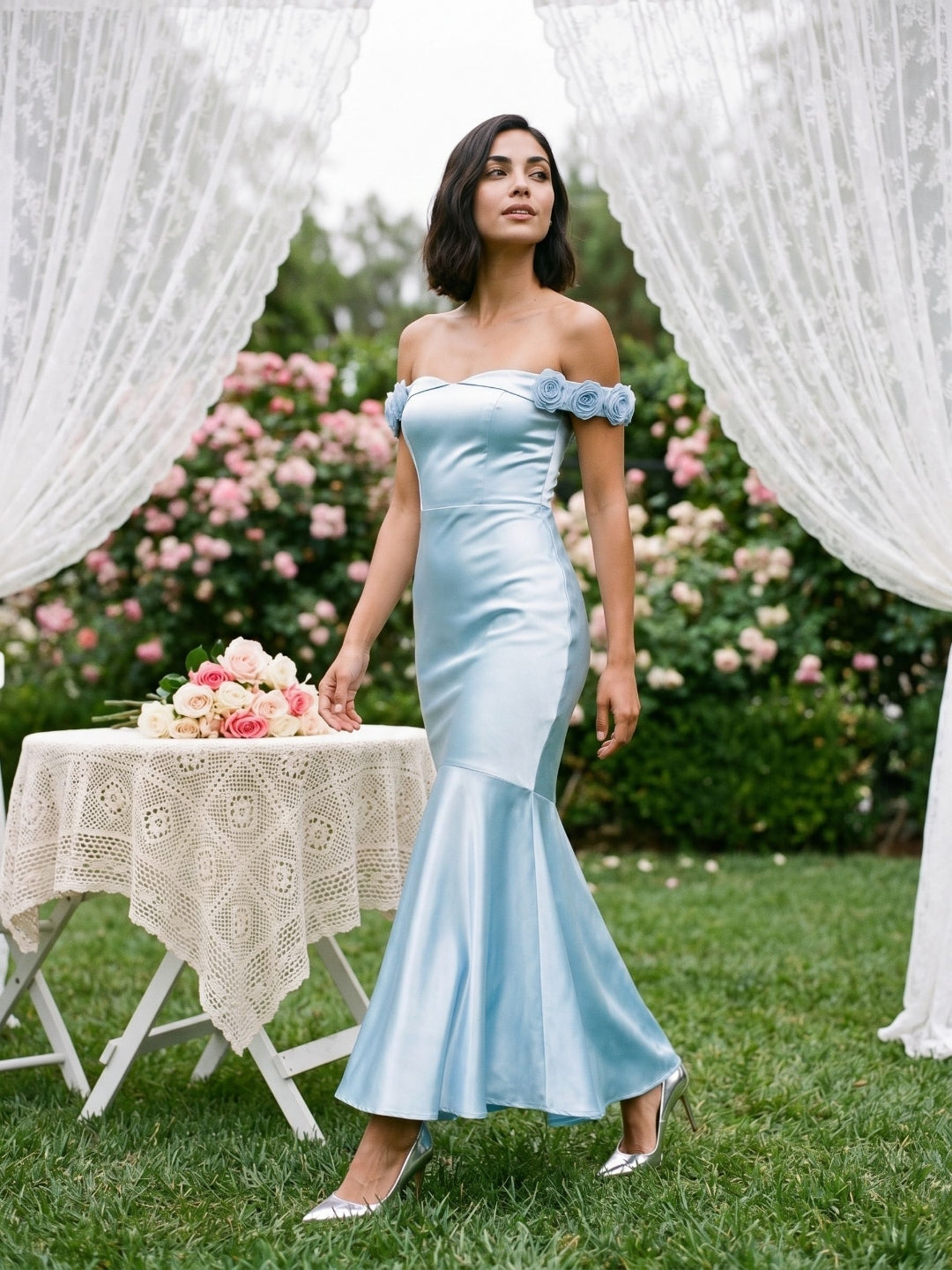 Sky Blue Satin Mermaid Off-the-Shoulder Backless Asymmetrical Evening Dress with 3D Flowers