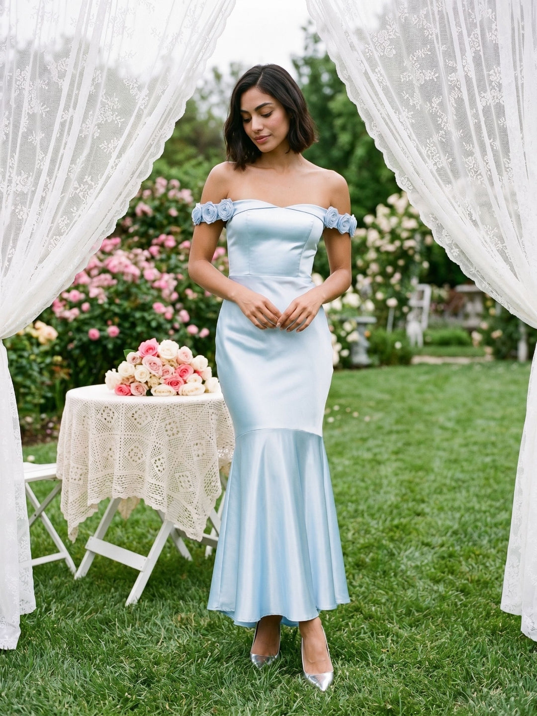 Sky Blue Satin Mermaid Off-the-Shoulder Backless Asymmetrical Evening Dress with 3D Flowers