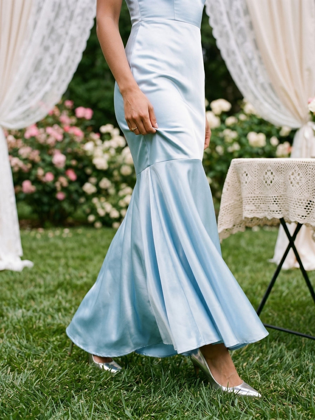 Sky Blue Satin Mermaid Off-the-Shoulder Backless Asymmetrical Evening Dress with 3D Flowers