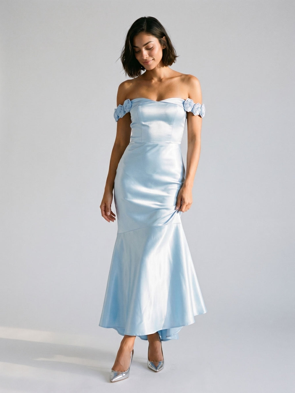 Sky Blue Satin Mermaid Off-the-Shoulder Backless Asymmetrical Evening Dress with 3D Flowers