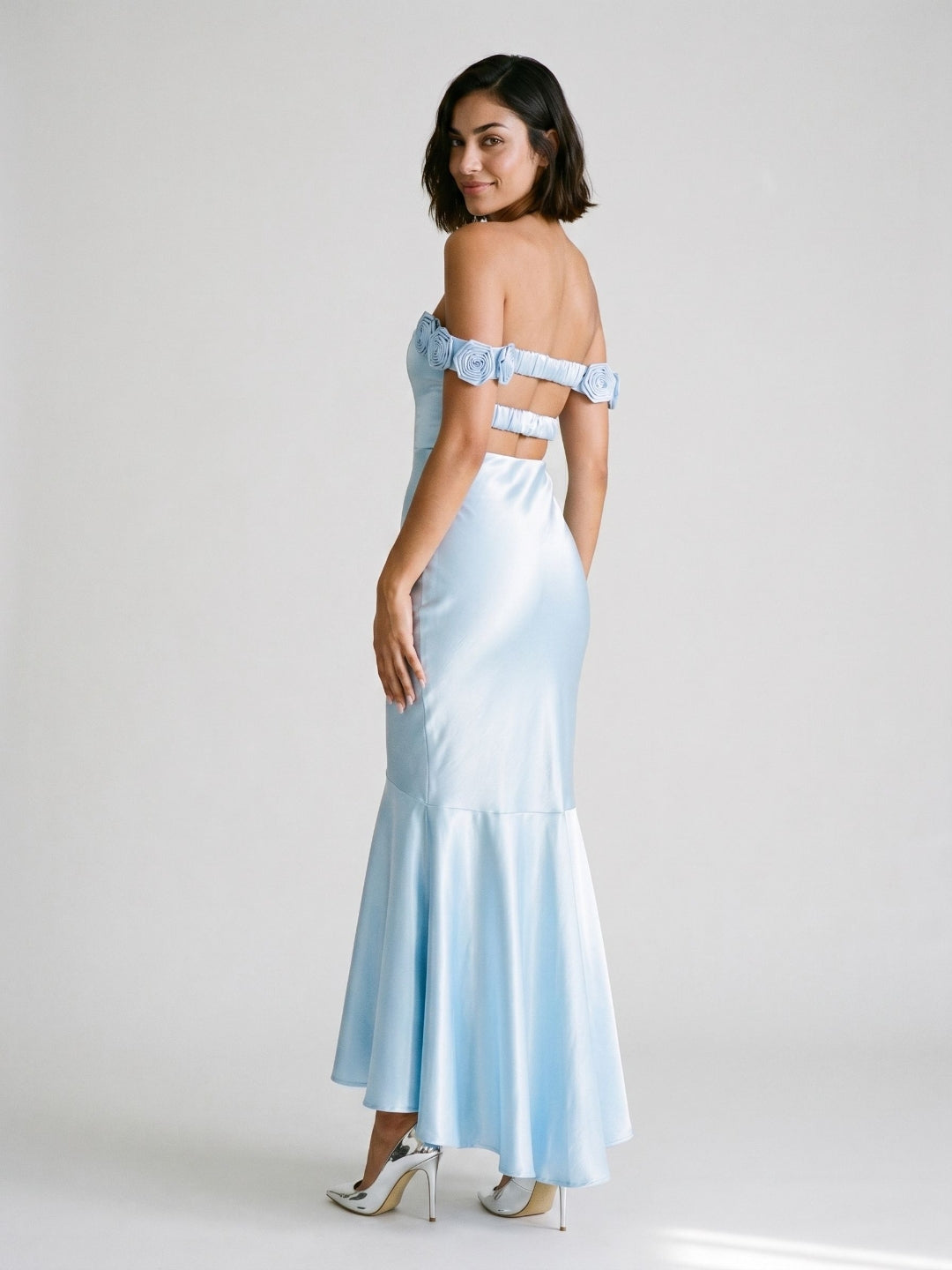 Sky Blue Satin Mermaid Off-the-Shoulder Backless Asymmetrical Evening Dress with 3D Flowers