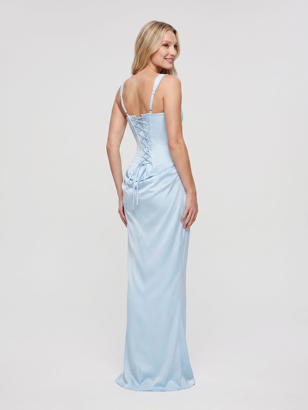 Sky Blue Satin Mermaid Square Neck Lace-Up Back Floor Length Dress