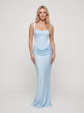 Sky Blue Satin Mermaid Square Neck Lace-Up Back Floor Length Dress