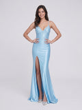 Sky Blue Satin Mermaid V-Neck Criss-Cross Strap Floor-Length Prom Dress with Beading