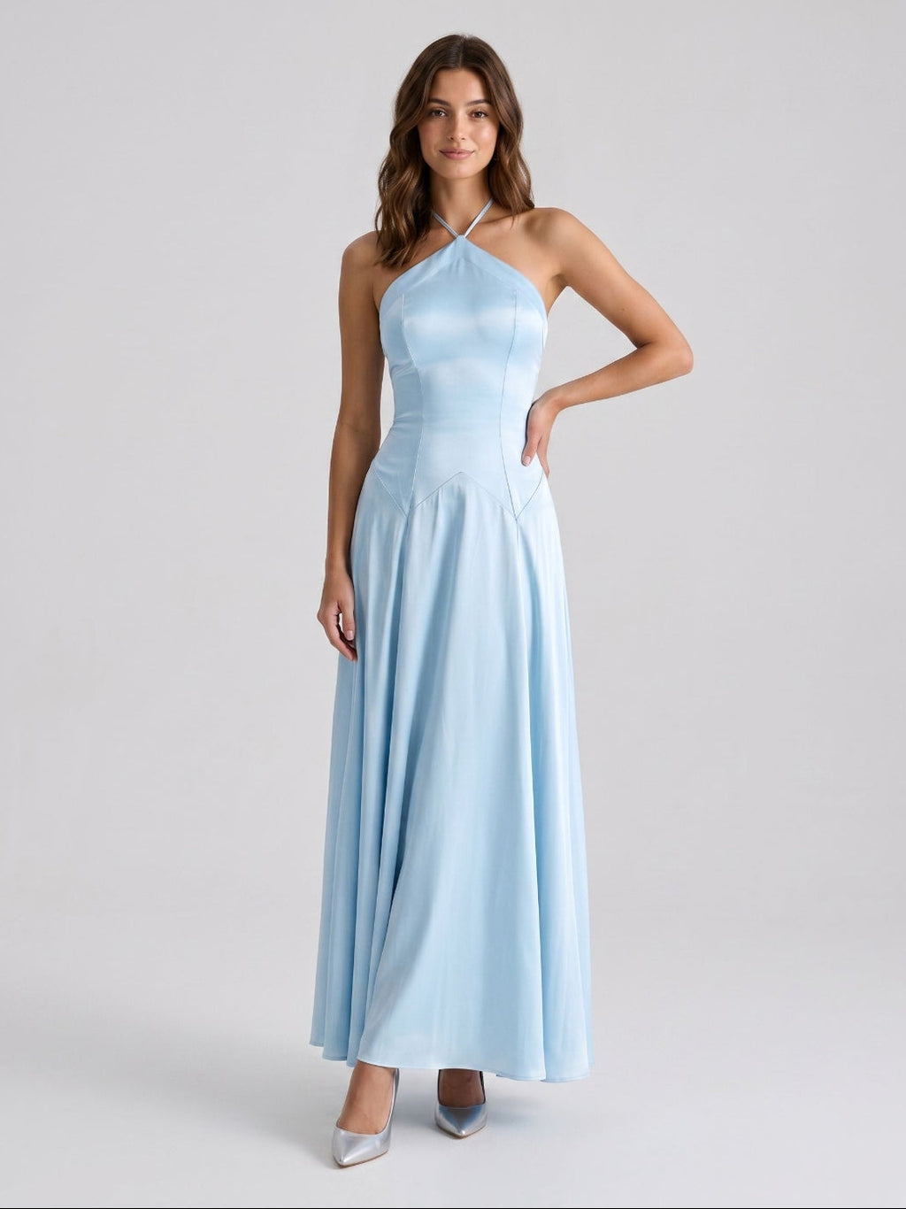 Sky Blue Satin Sheath Halter Neckline Back Zip Floor-Length Birthday Dress