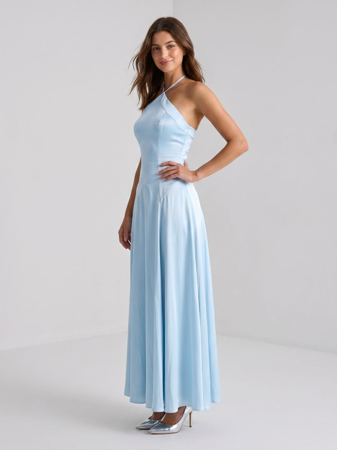 Sky Blue Satin Sheath Halter Neckline Back Zip Floor-Length Birthday Dress