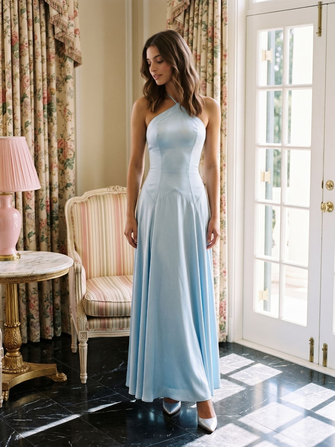 Sky Blue Satin Sheath Halter Neckline Back Zip Floor-Length Birthday Dress