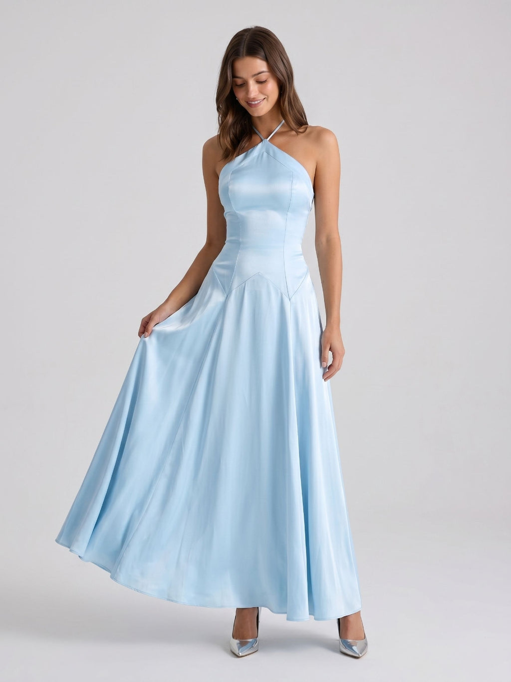 Sky Blue Satin Sheath Halter Neckline Back Zip Floor-Length Birthday Dress