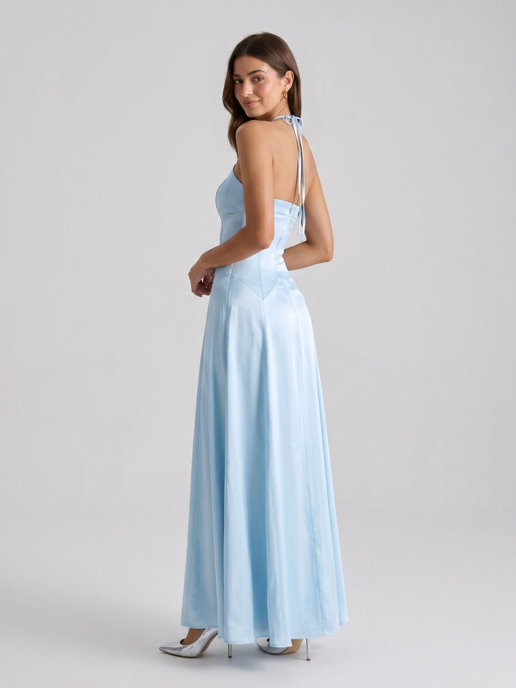 Sky Blue Satin Sheath Halter Neckline Back Zip Floor-Length Birthday Dress
