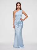 Sky Blue Satin Sheath One Shoulder Floor-Length Dress