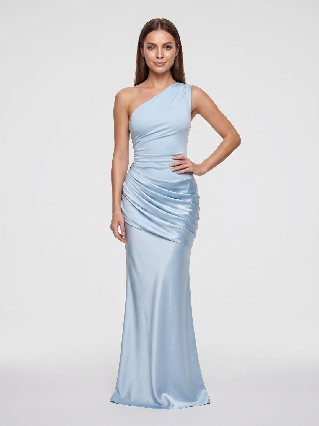 Sky Blue Satin Sheath One Shoulder Floor-Length Dress