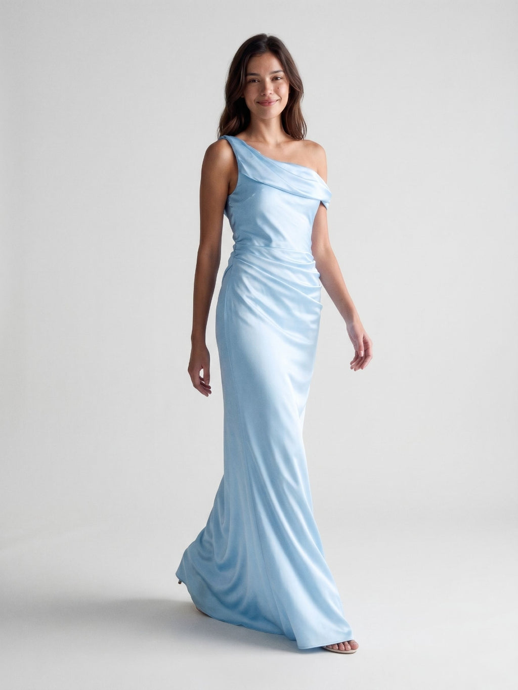 Sky Blue Satin Sheath One Shoulder Side Zip Floor-Length Evening Dress