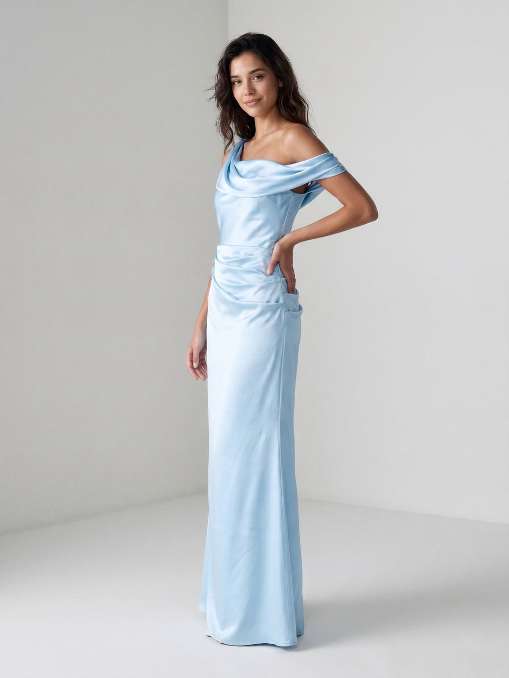 Sky Blue Satin Sheath One Shoulder Side Zip Floor-Length Evening Dress