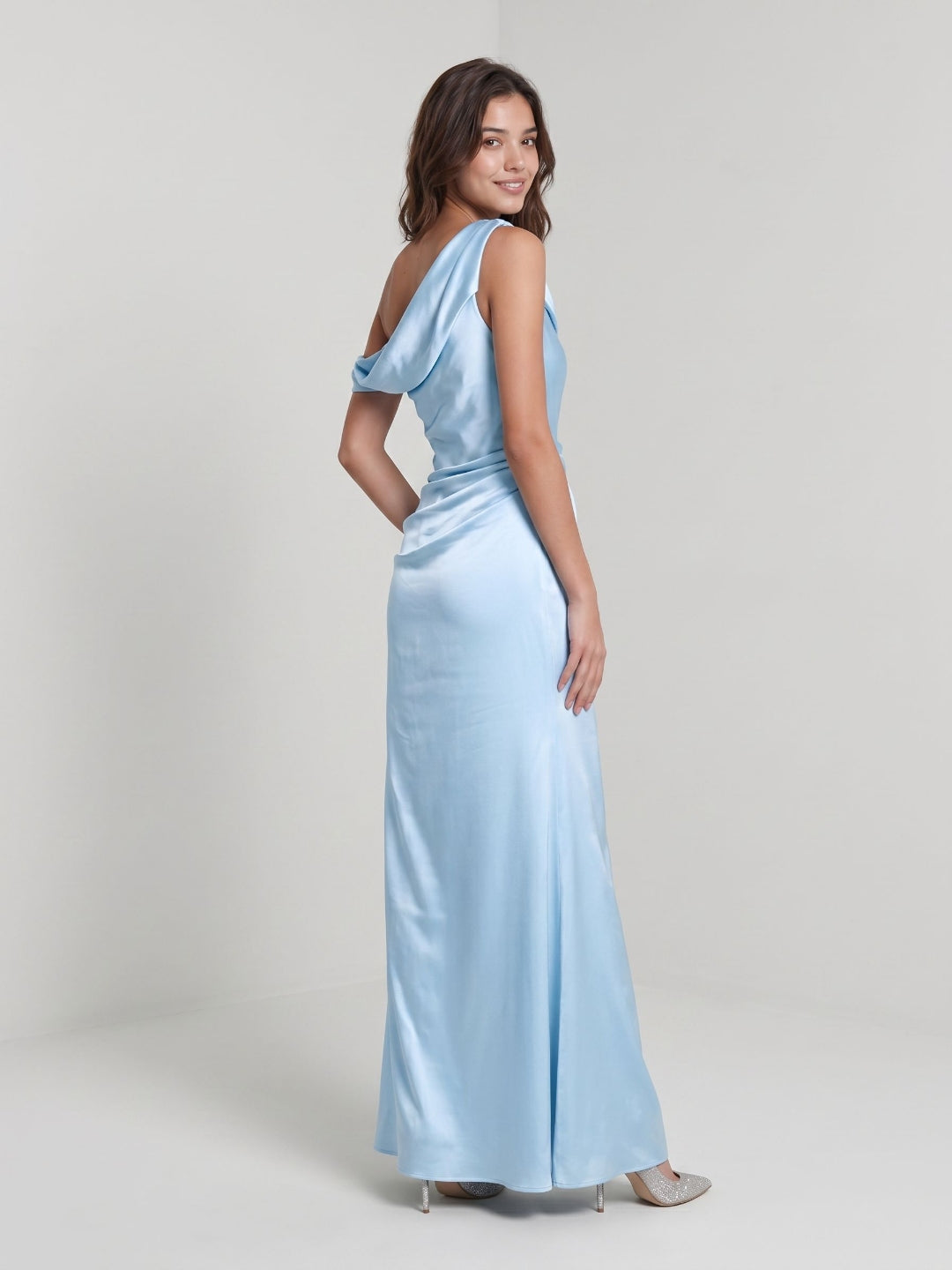 Sky Blue Satin Sheath One Shoulder Side Zip Floor-Length Evening Dress