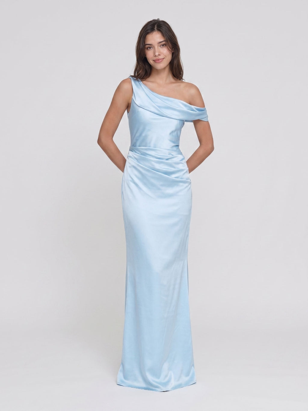 Sky Blue Satin Sheath One Shoulder Side Zip Floor-Length Evening Dress