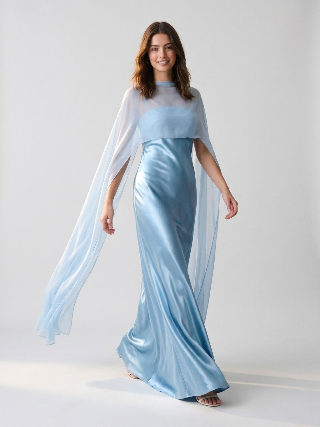 Sky Blue Satin Sheath Straight Neck Side Zip Floor-Length Evening Dress with Cape