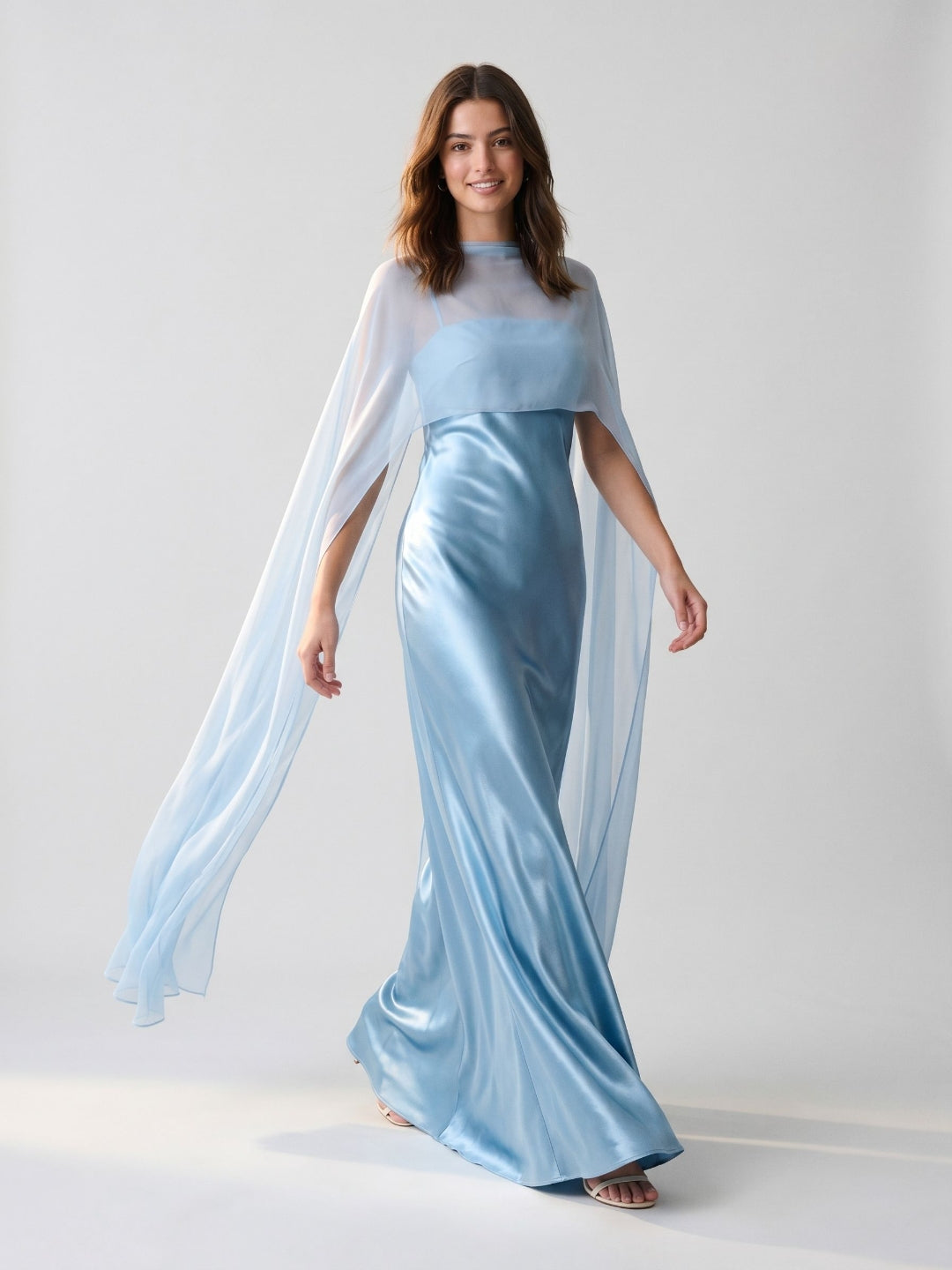 Sky Blue Satin Sheath Straight Neck Side Zip Floor-Length Evening Dress with Cape