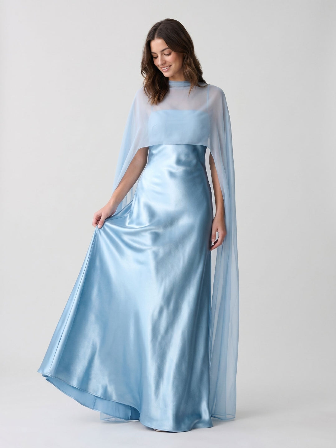 Sky Blue Satin Sheath Straight Neck Side Zip Floor-Length Evening Dress with Cape