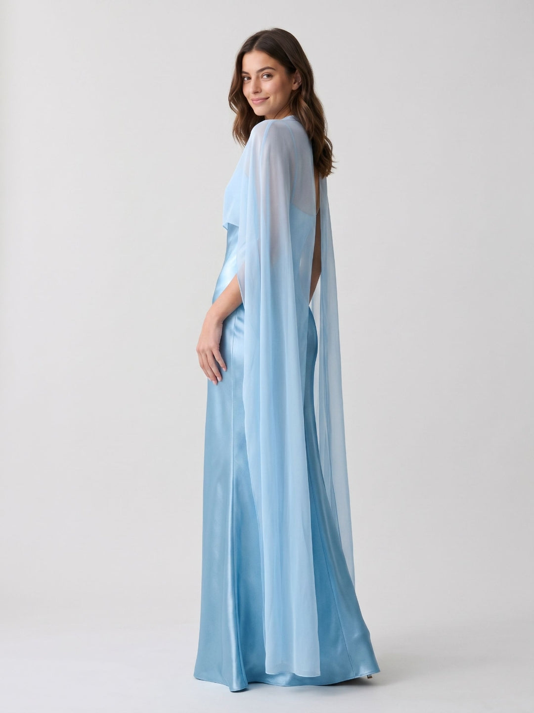 Sky Blue Satin Sheath Straight Neck Side Zip Floor-Length Evening Dress with Cape