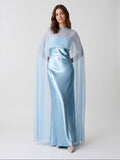 Sky Blue Satin Sheath Straight Neck Side Zip Floor-Length Evening Dress with Cape