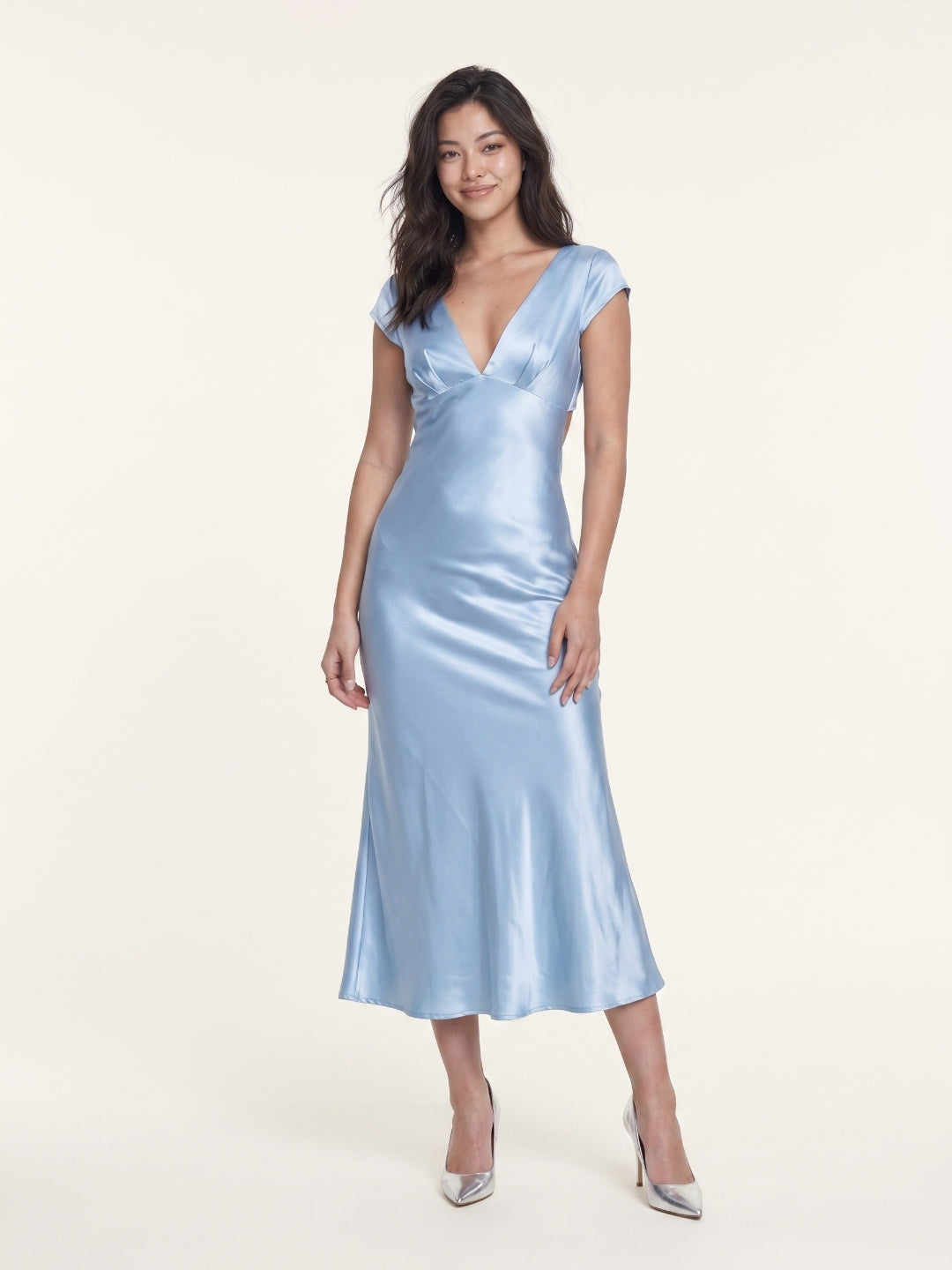 Sky Blue Satin Sheath V-Neck V-Back Tea-Length Bridesmaid Dress with Pleats