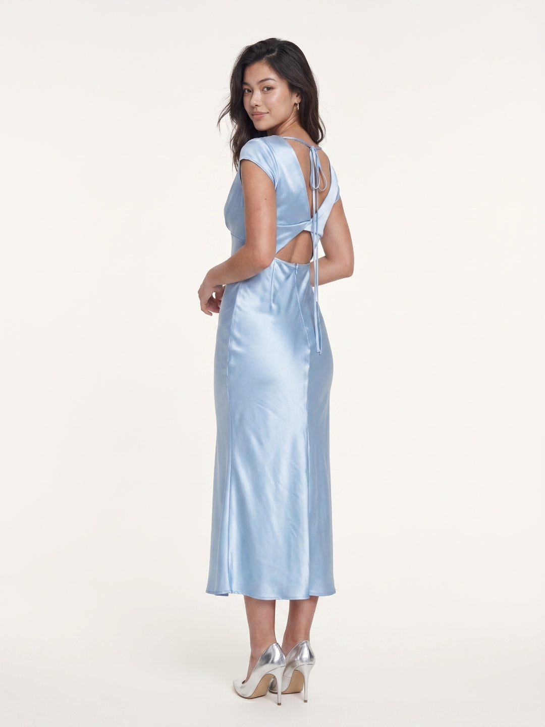 Sky Blue Satin Sheath V-Neck V-Back Tea-Length Bridesmaid Dress with Pleats