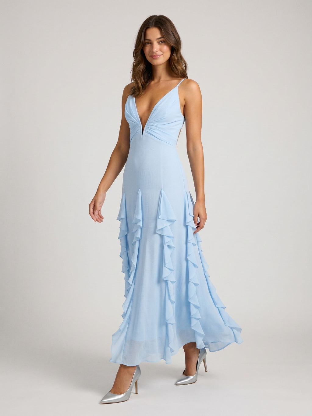 Sky Blue Stretch Knit A-Line V-Neck Backless Floor-Length Evening Dress