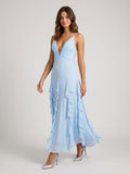 Sky Blue Stretch Knit A-Line V-Neck Backless Floor-Length Evening Dress
