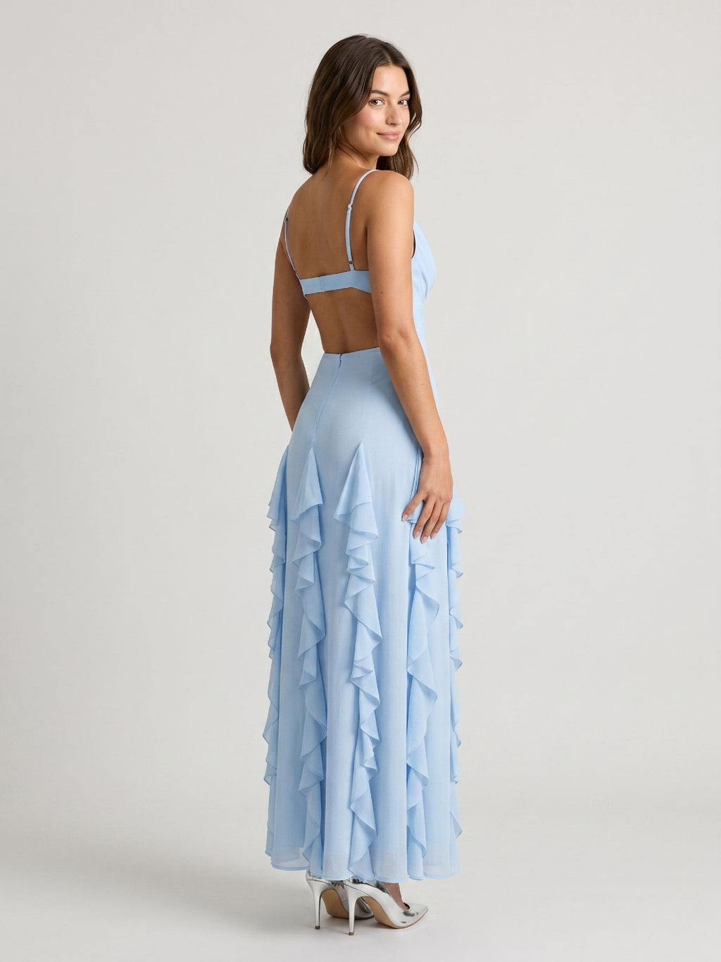 Sky Blue Stretch Knit A-Line V-Neck Backless Floor-Length Evening Dress