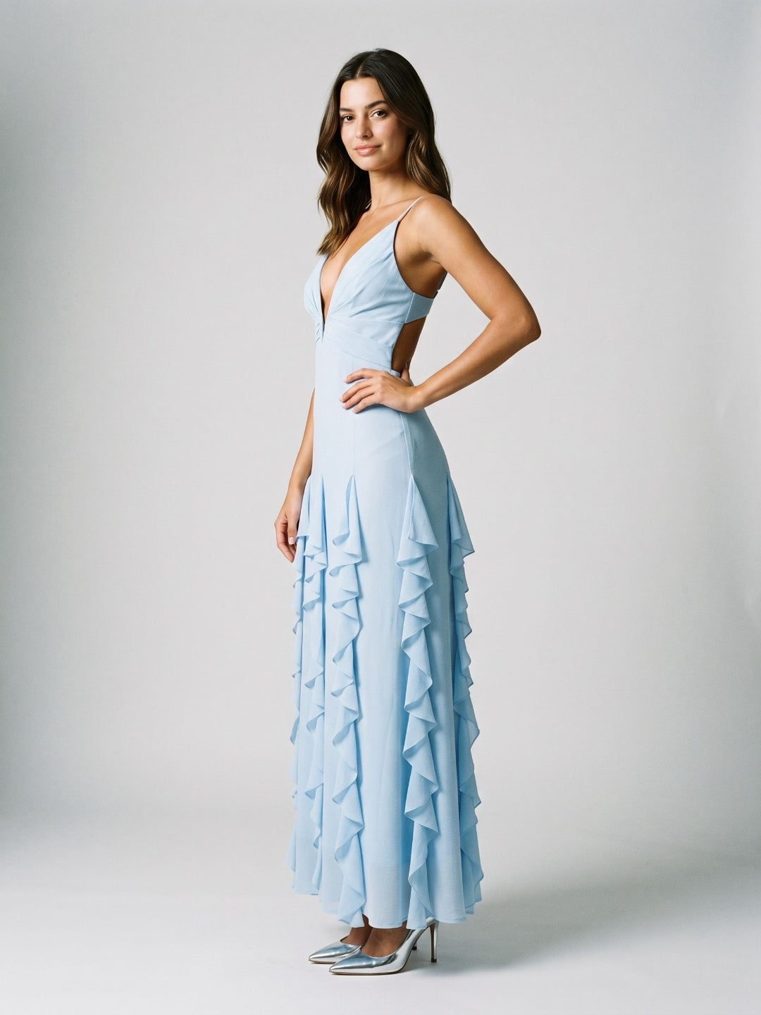 Sky Blue Stretch Knit A-Line V-Neck Backless Floor-Length Evening Dress