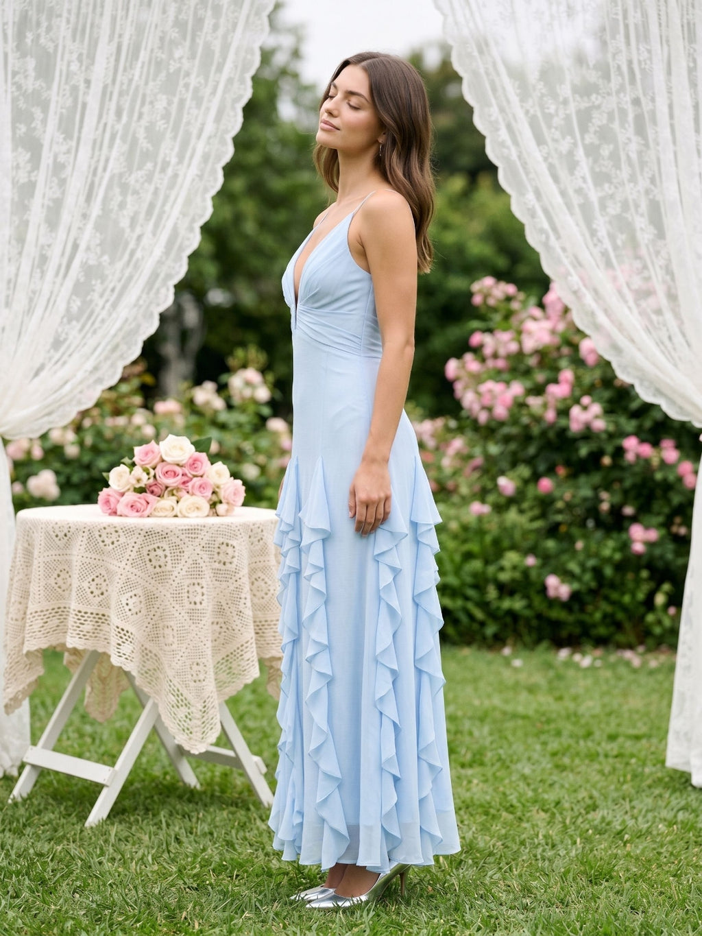 Sky Blue Stretch Knit A-Line V-Neck Backless Floor-Length Evening Dress