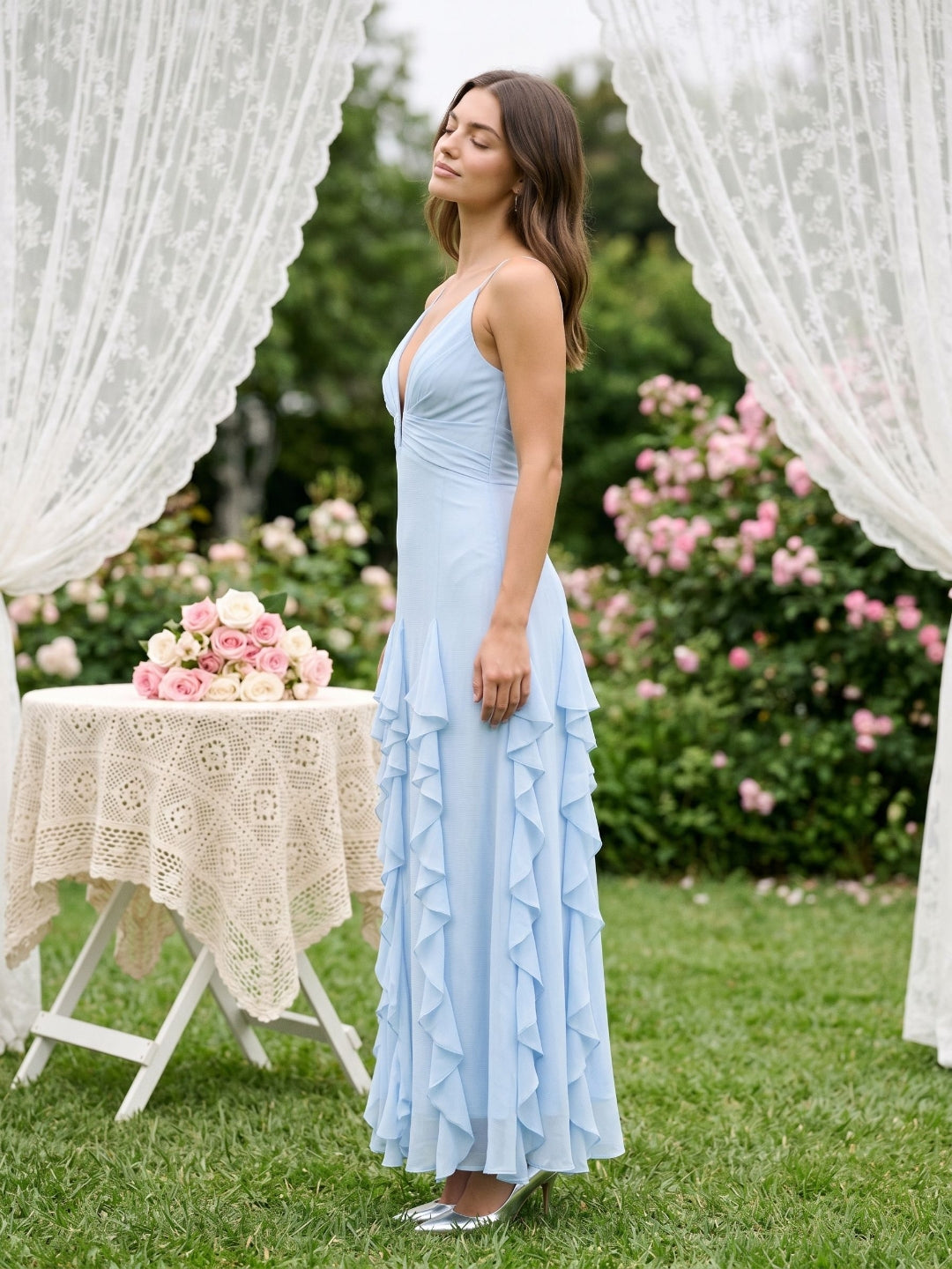 Sky Blue Stretch Knit A-Line V-Neck Backless Floor-Length Evening Dress