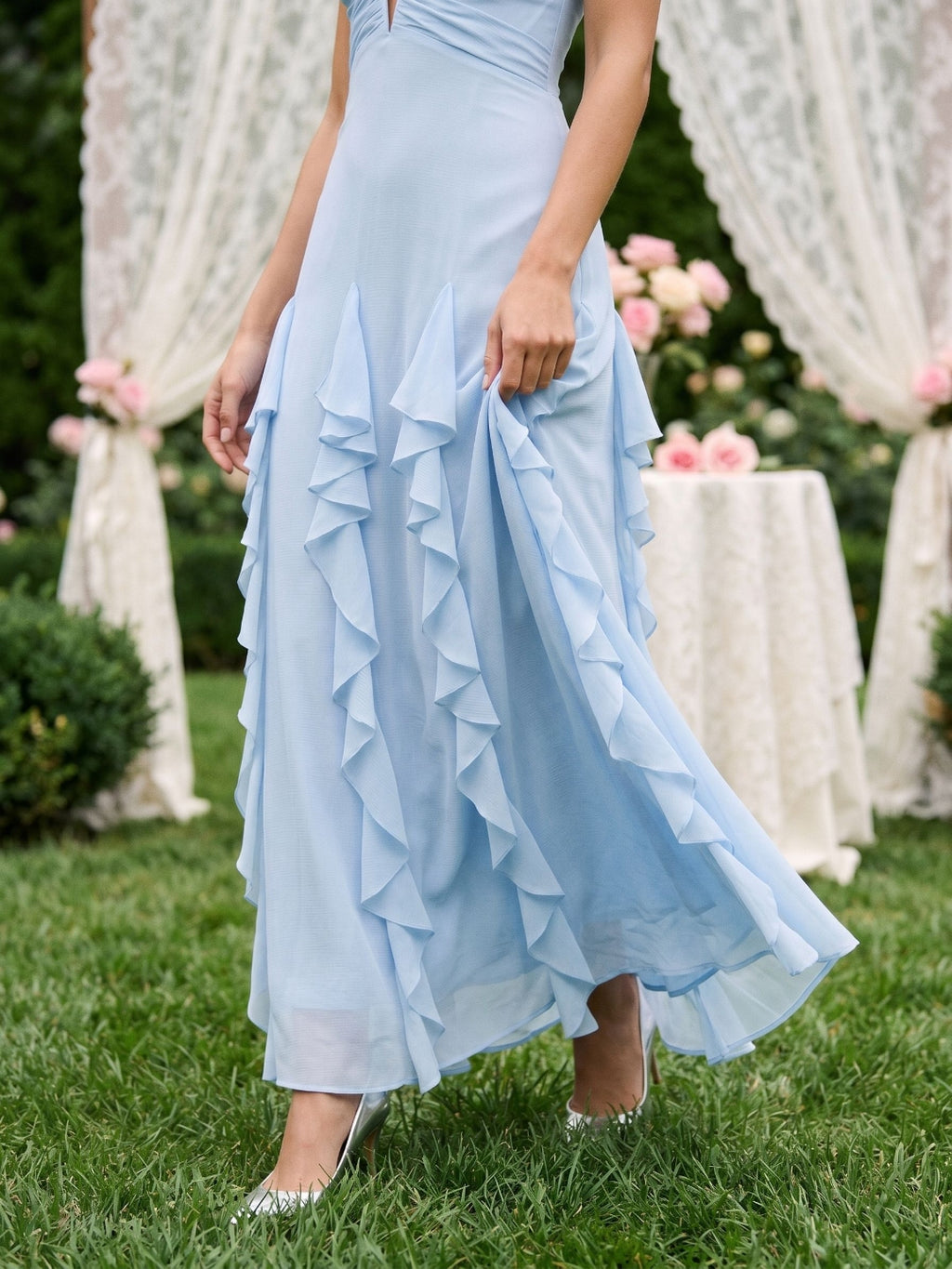Sky Blue Stretch Knit A-Line V-Neck Backless Floor-Length Evening Dress