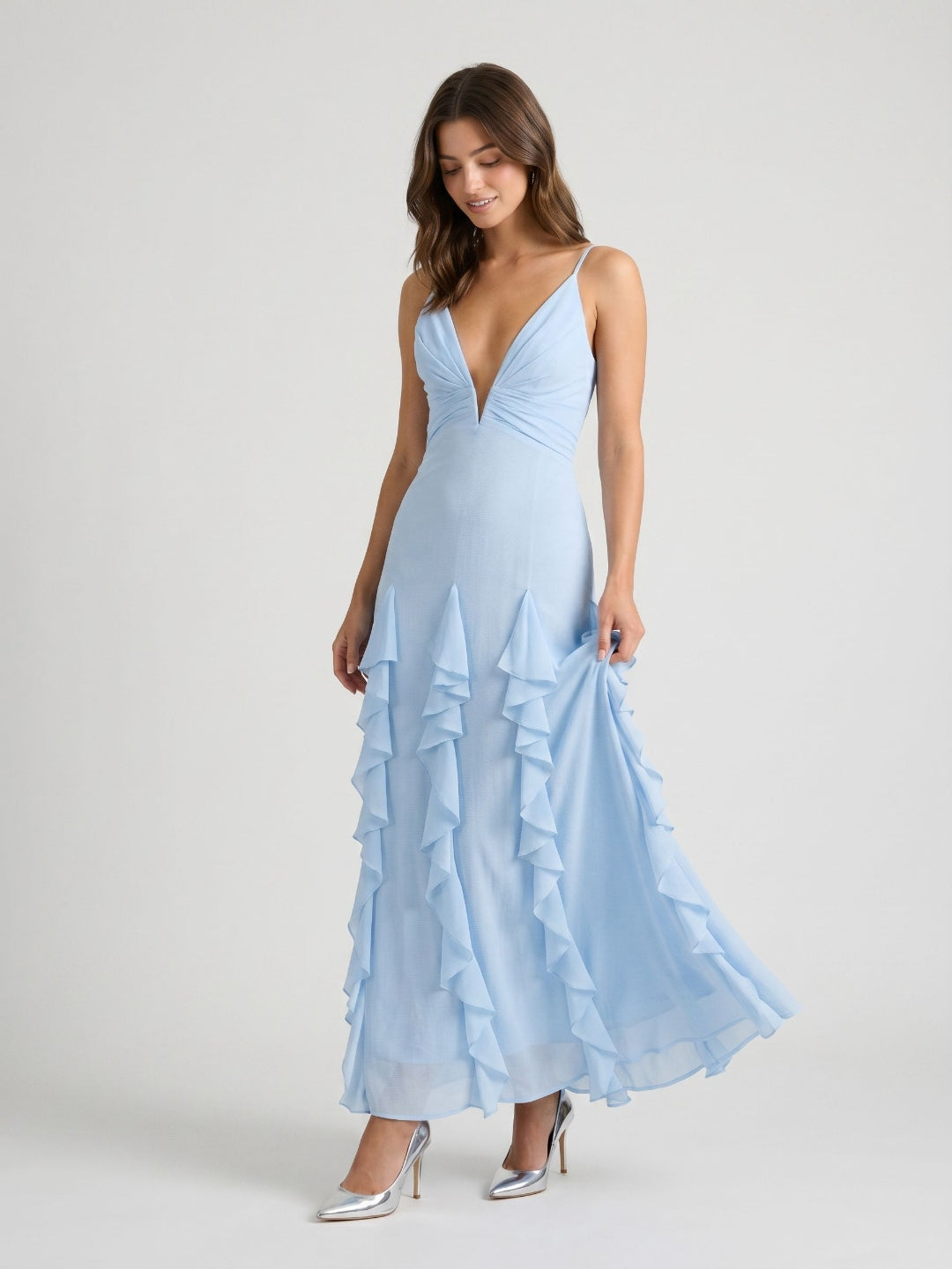 Sky Blue Stretch Knit A-Line V-Neck Backless Floor-Length Evening Dress