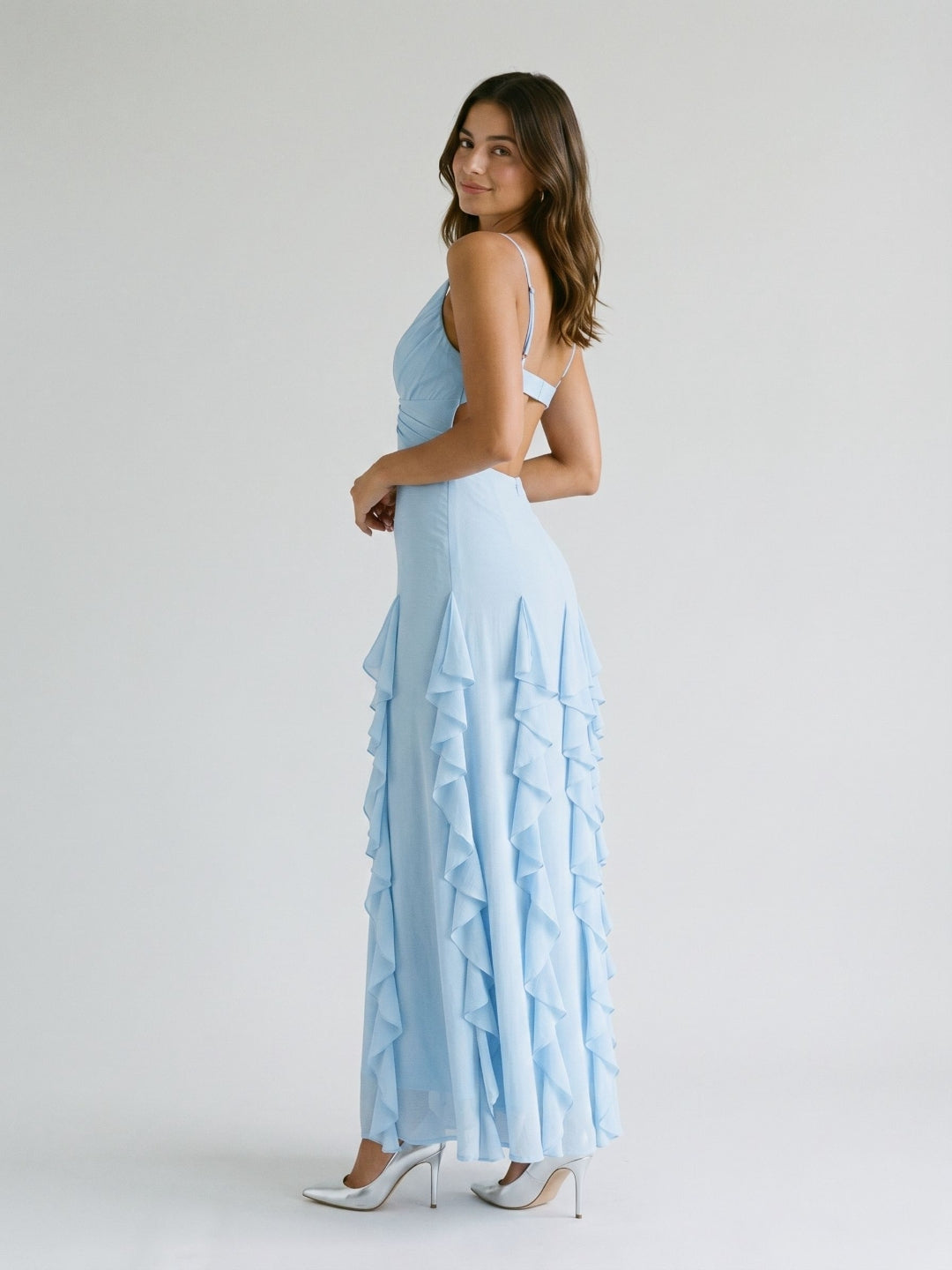 Sky Blue Stretch Knit A-Line V-Neck Backless Floor-Length Evening Dress