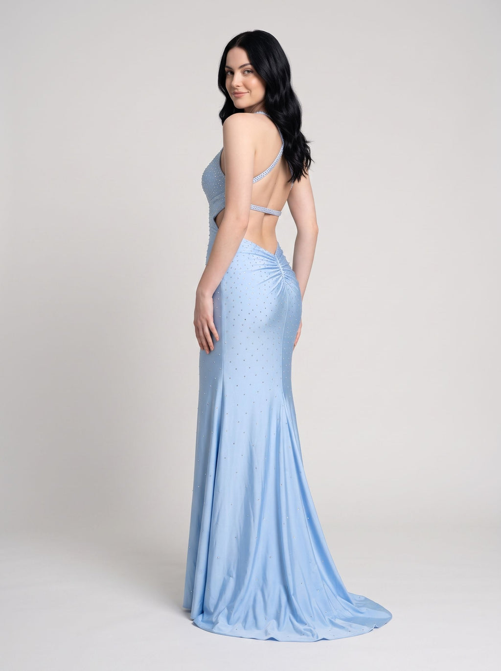 Sky Blue Stretch Knit Mermaid V-Neck Criss-Cross Straps Floor-Length Dress with Side Slit