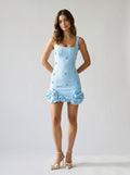 Sky Blue Stretch Knit Sheath Square Neck Backless Short Homecoming Dress with 3D Flowers