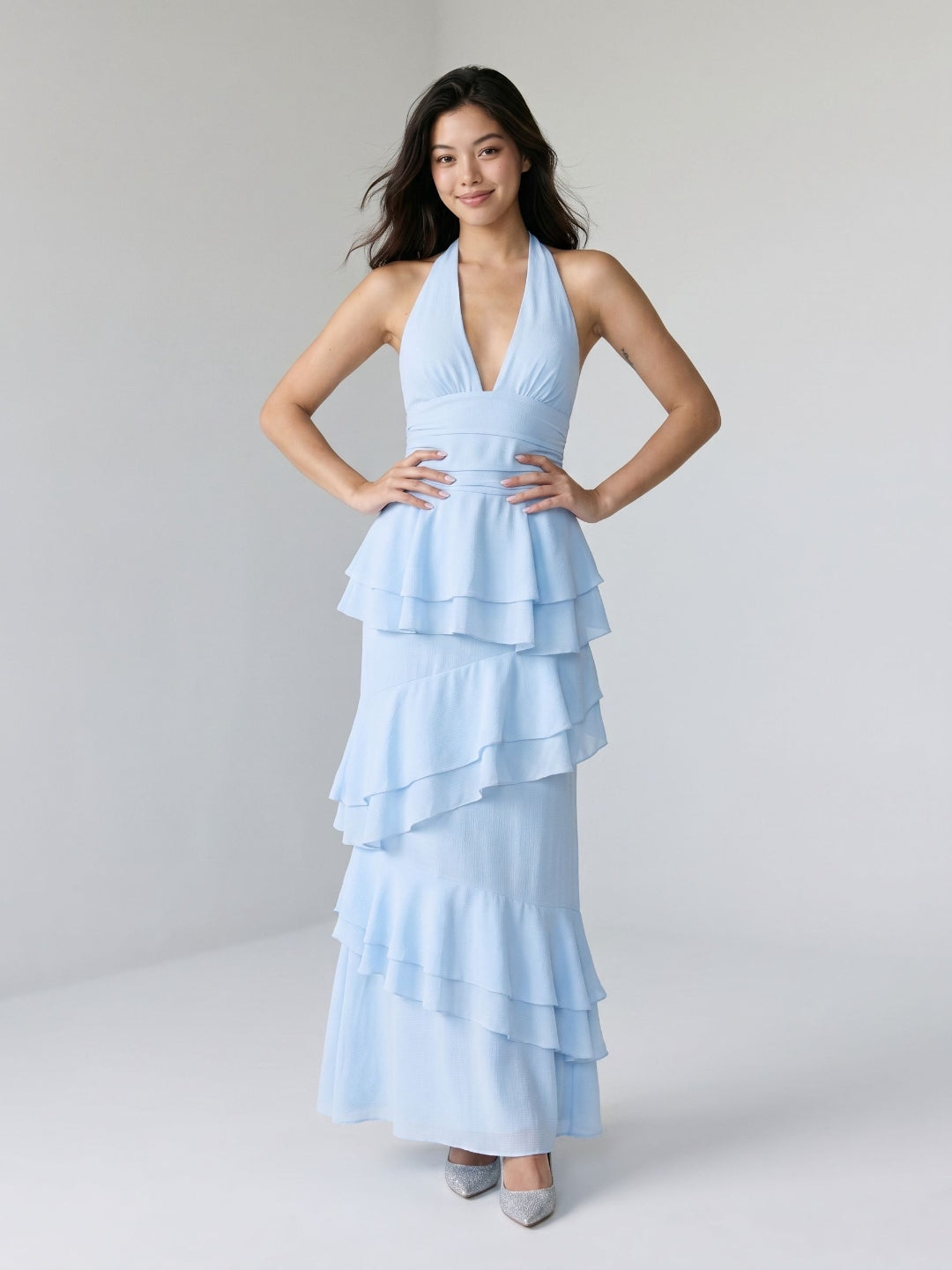 Sky Blue Stretch Knit Sheath V-Neck Back Zip Ankle-Length Evening Dress